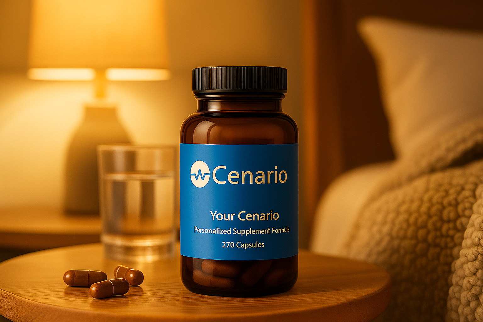 Cenario supplement bottle with capsules on bedside table