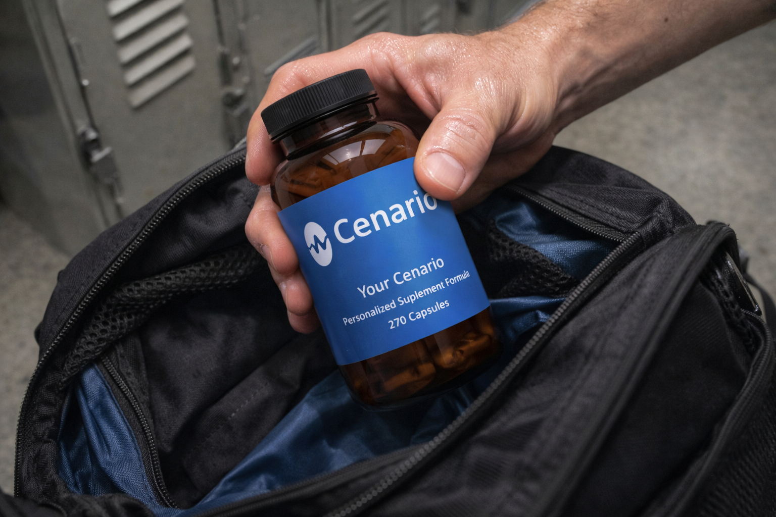 Hand holding a bottle of Cenario personalized supplement capsules