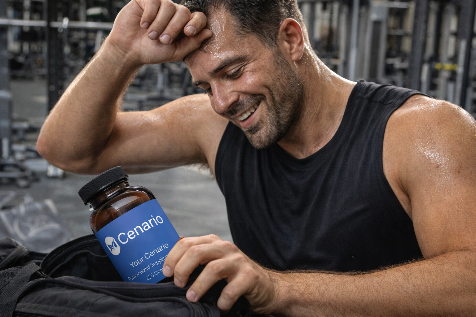 Sweaty man in gym holding Cenario supplement bottle