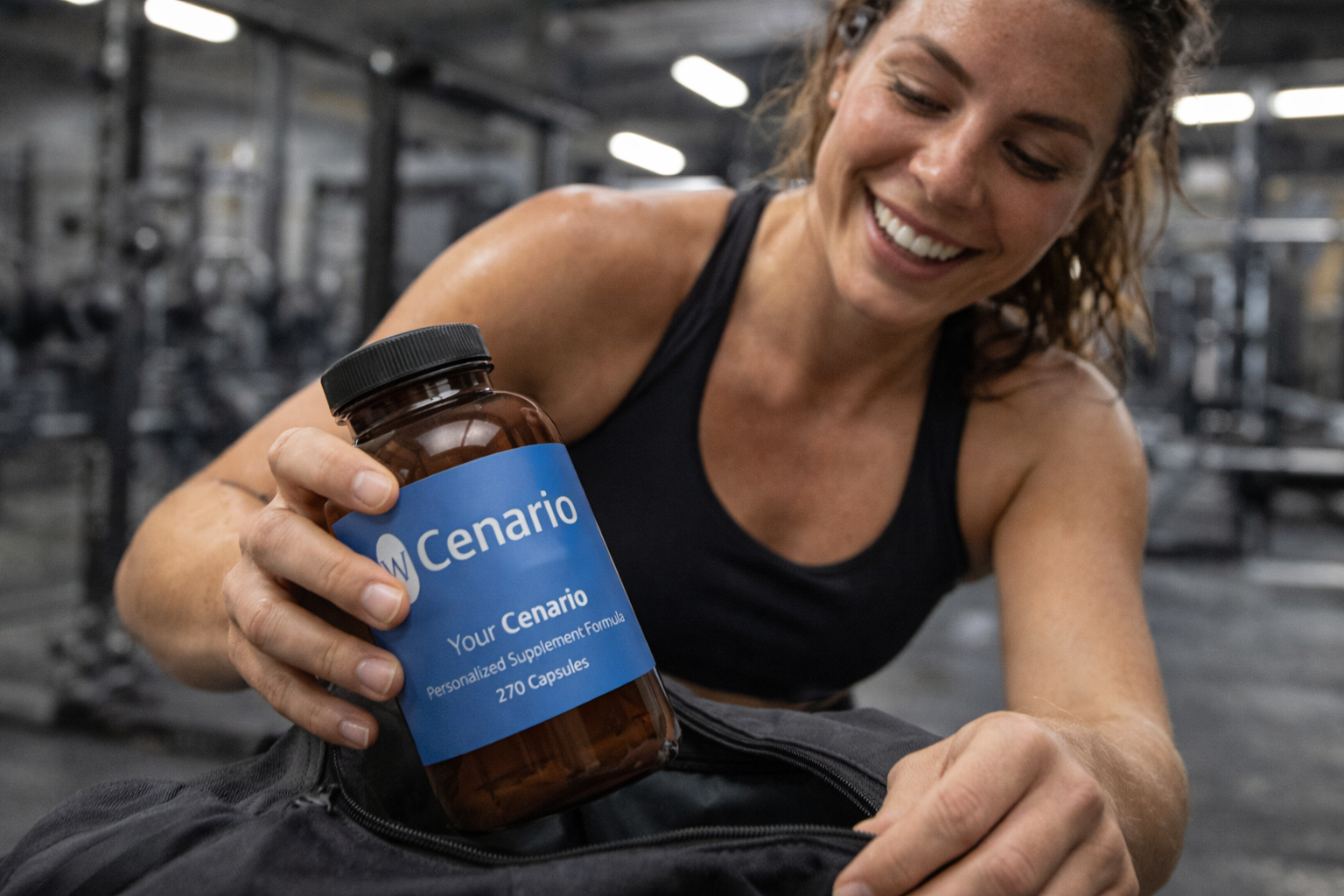 Smiling woman holding Cenario supplement bottle in gym