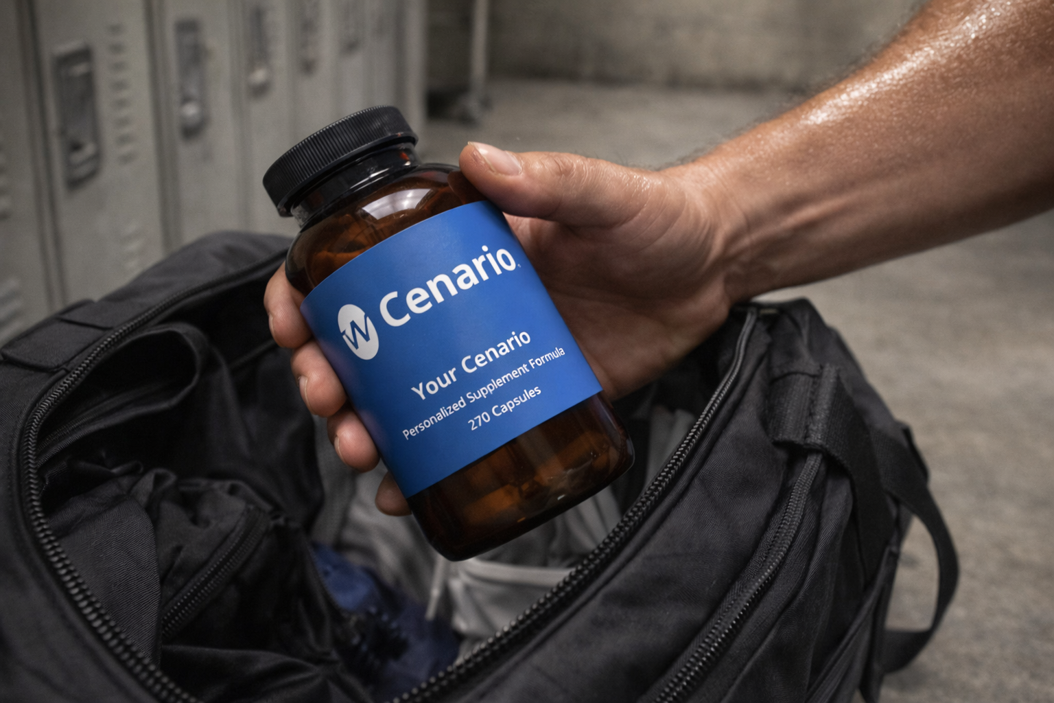 Hand holding Cenario supplement bottle with blue label