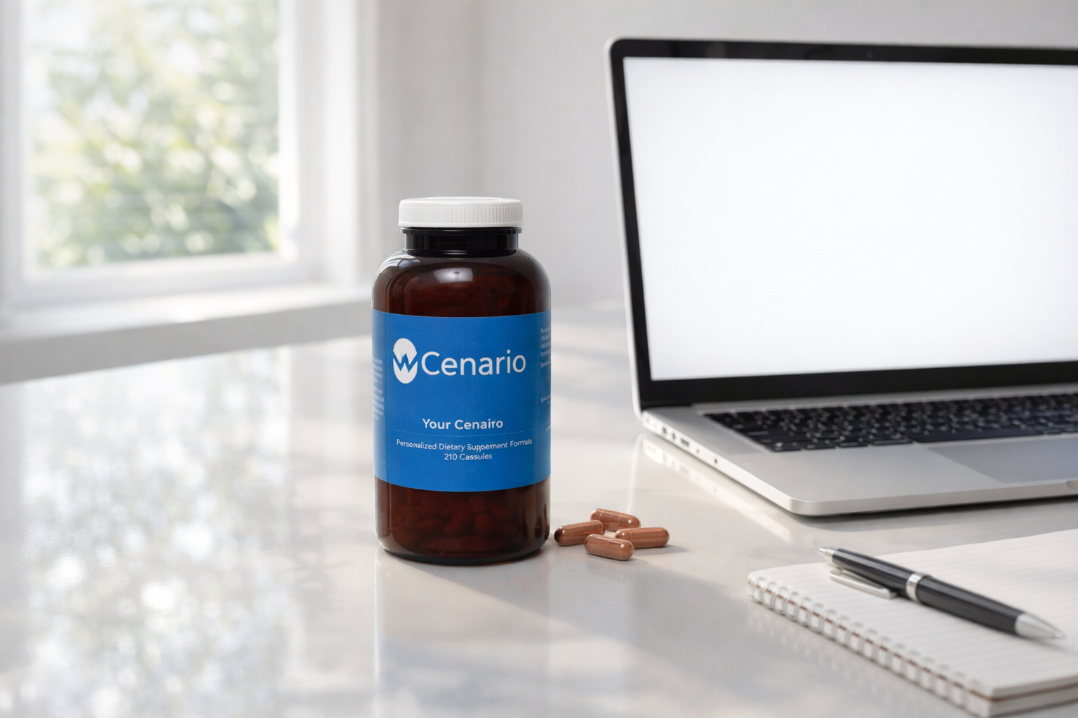 Cenario supplement bottle with capsules on desk near laptop and notebook