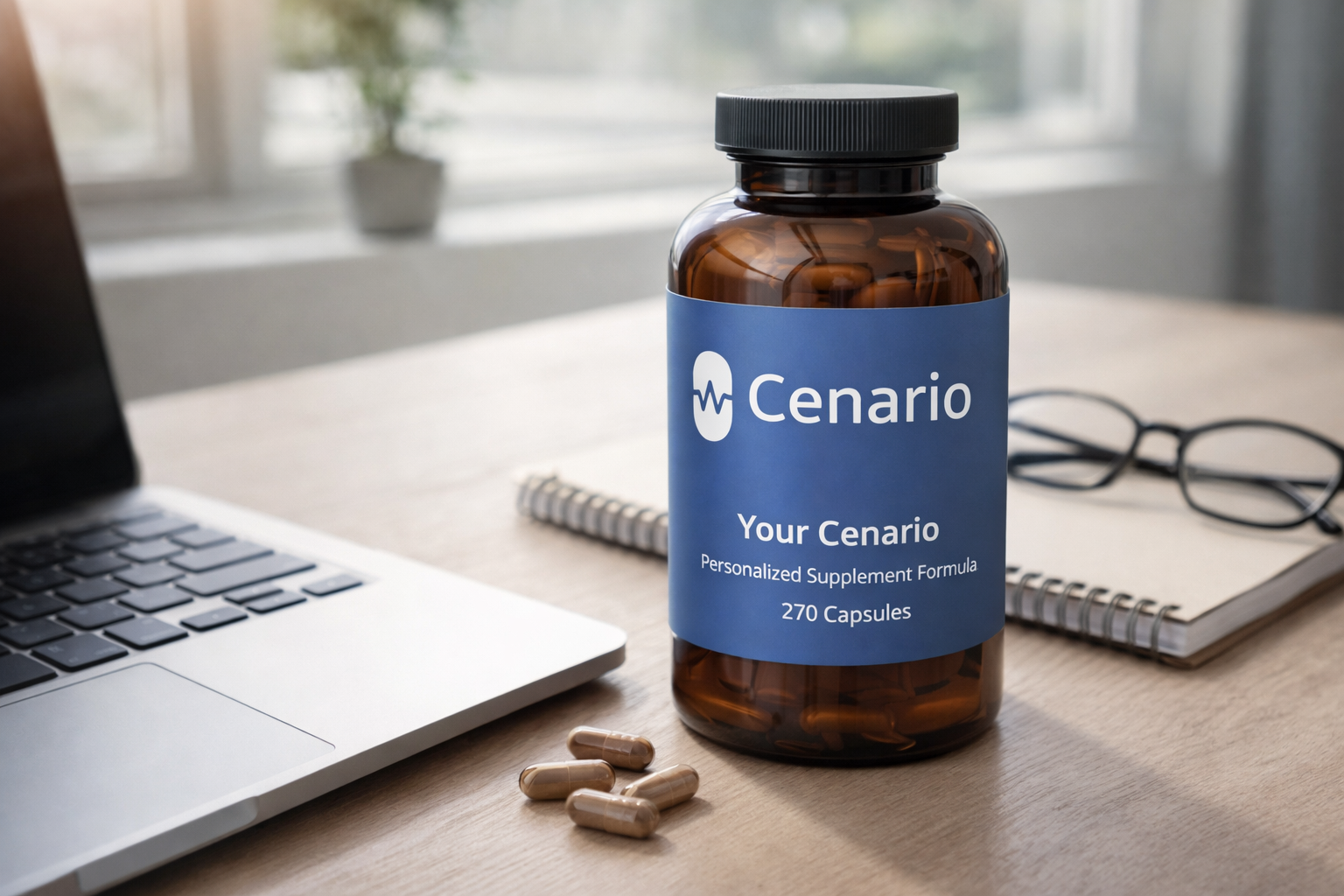 Cenario supplement bottle with capsules on desk