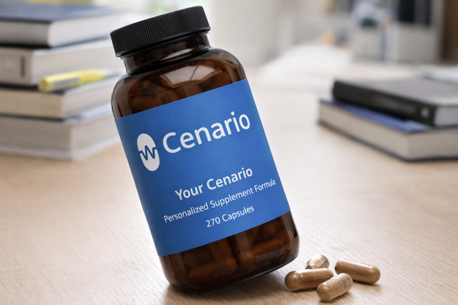 Bottle of Cenario personalized supplement capsules on table