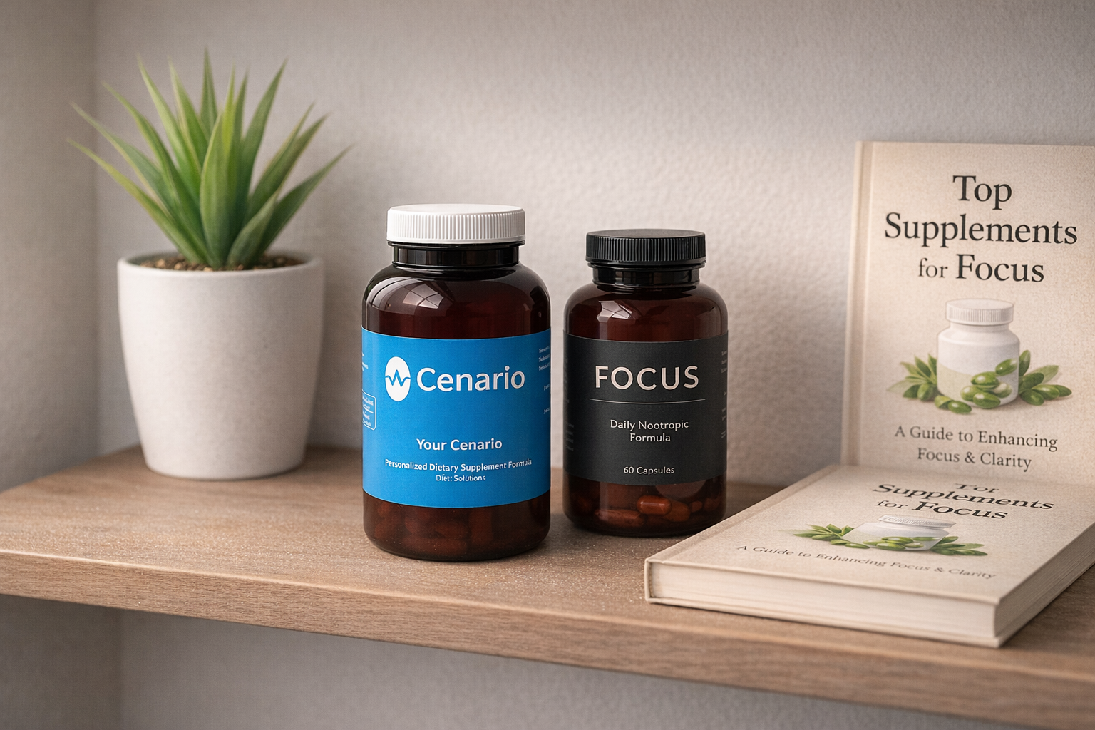 Two supplement bottles labeled Cenario and Focus on wooden shelf with plant and books