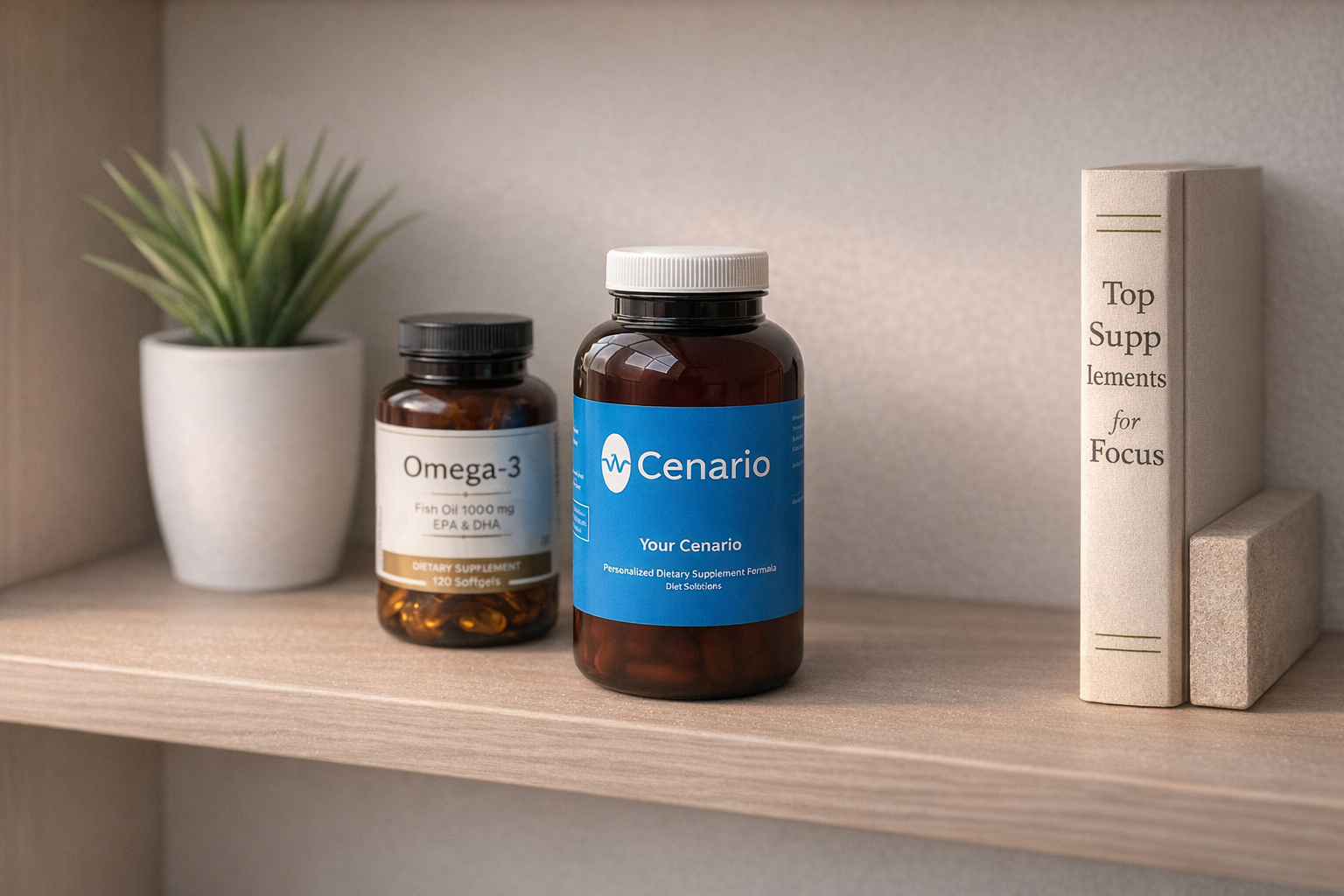 Cenario and Omega-3 supplement bottles on a shelf with book