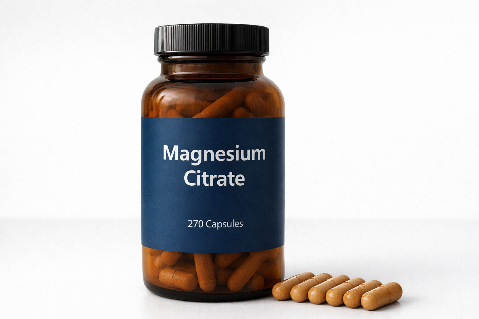 Bottle of magnesium citrate capsules with some capsules beside it