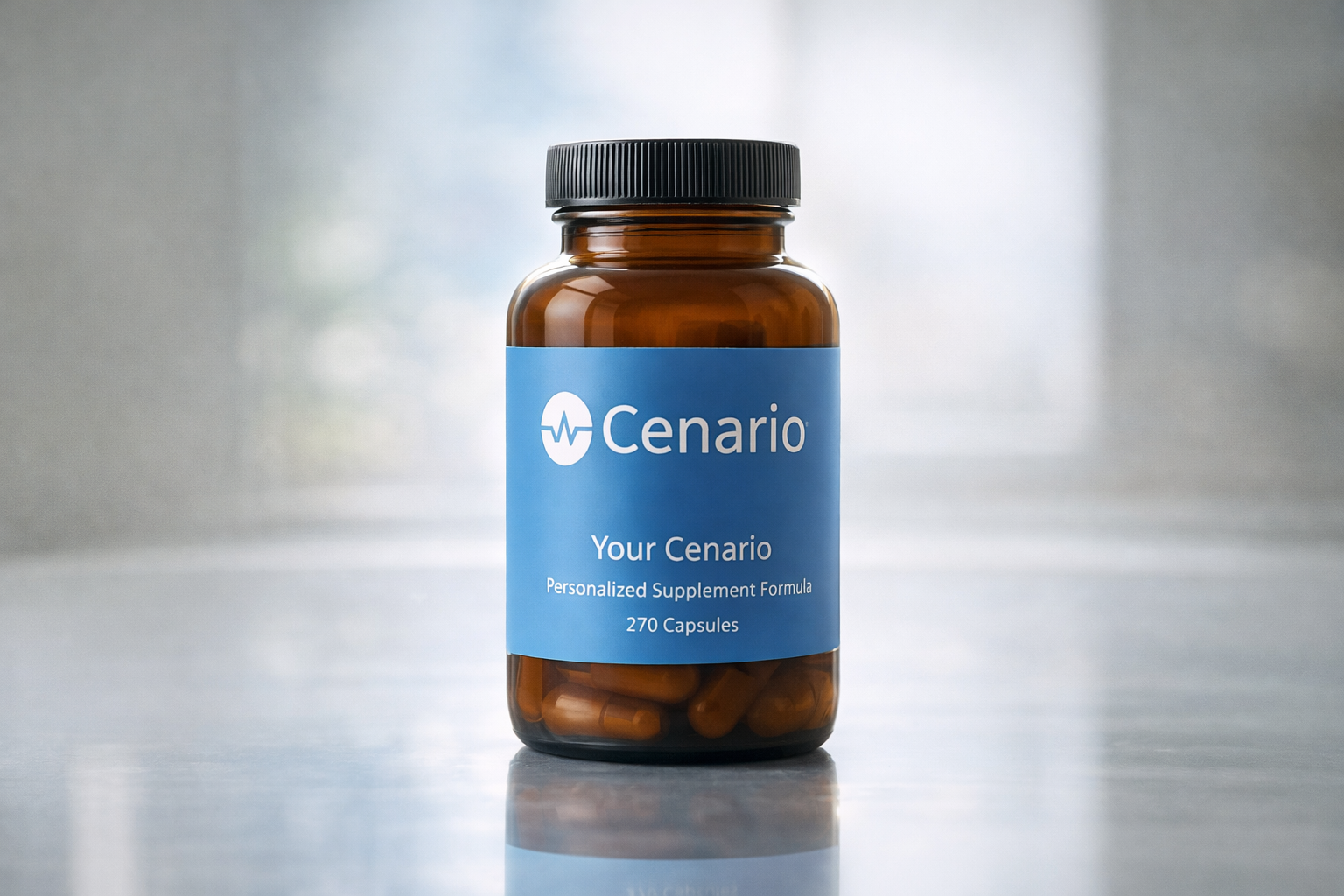 Brown supplement bottle with blue Cenario label