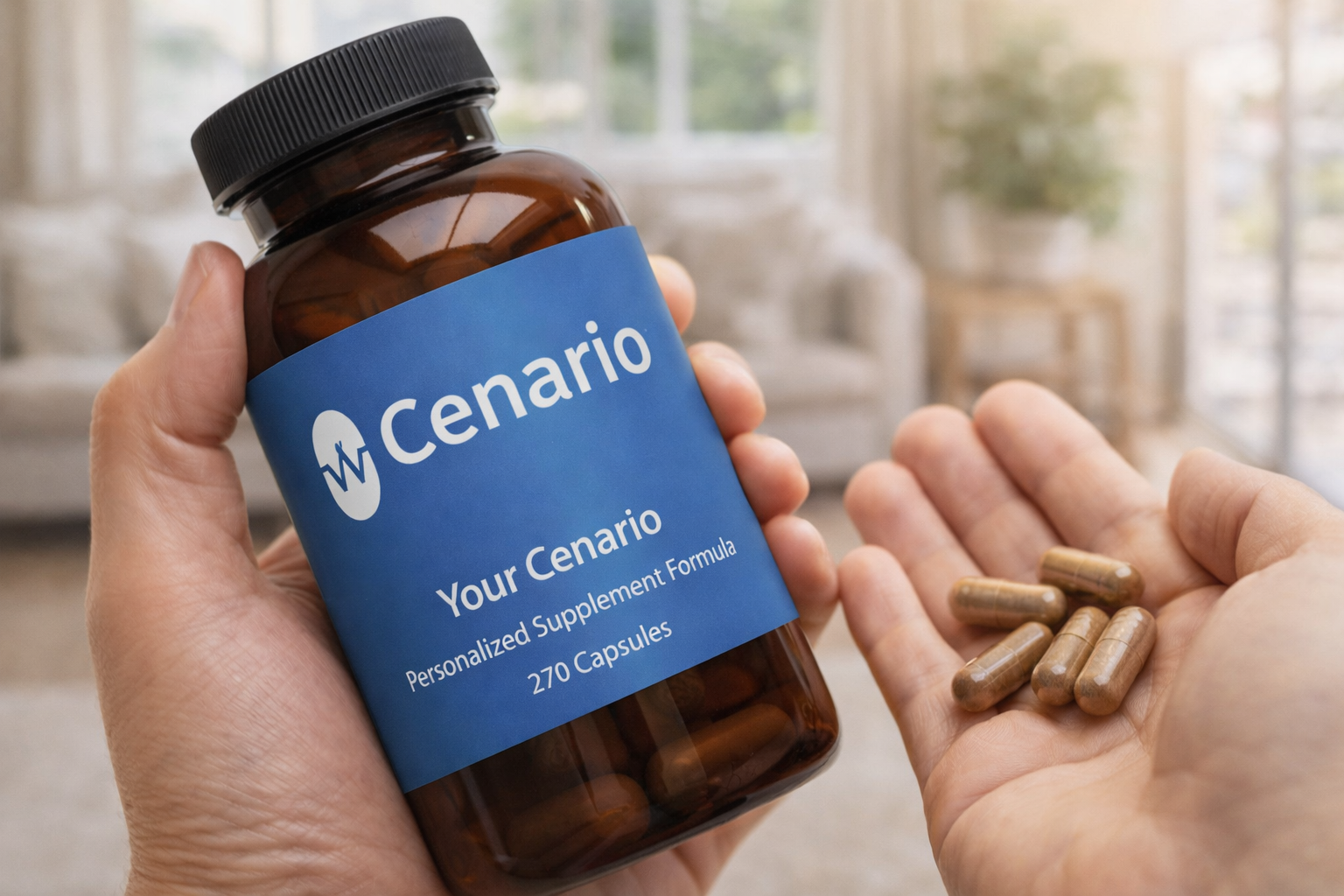 Hand holding Cenario supplement bottle and capsules