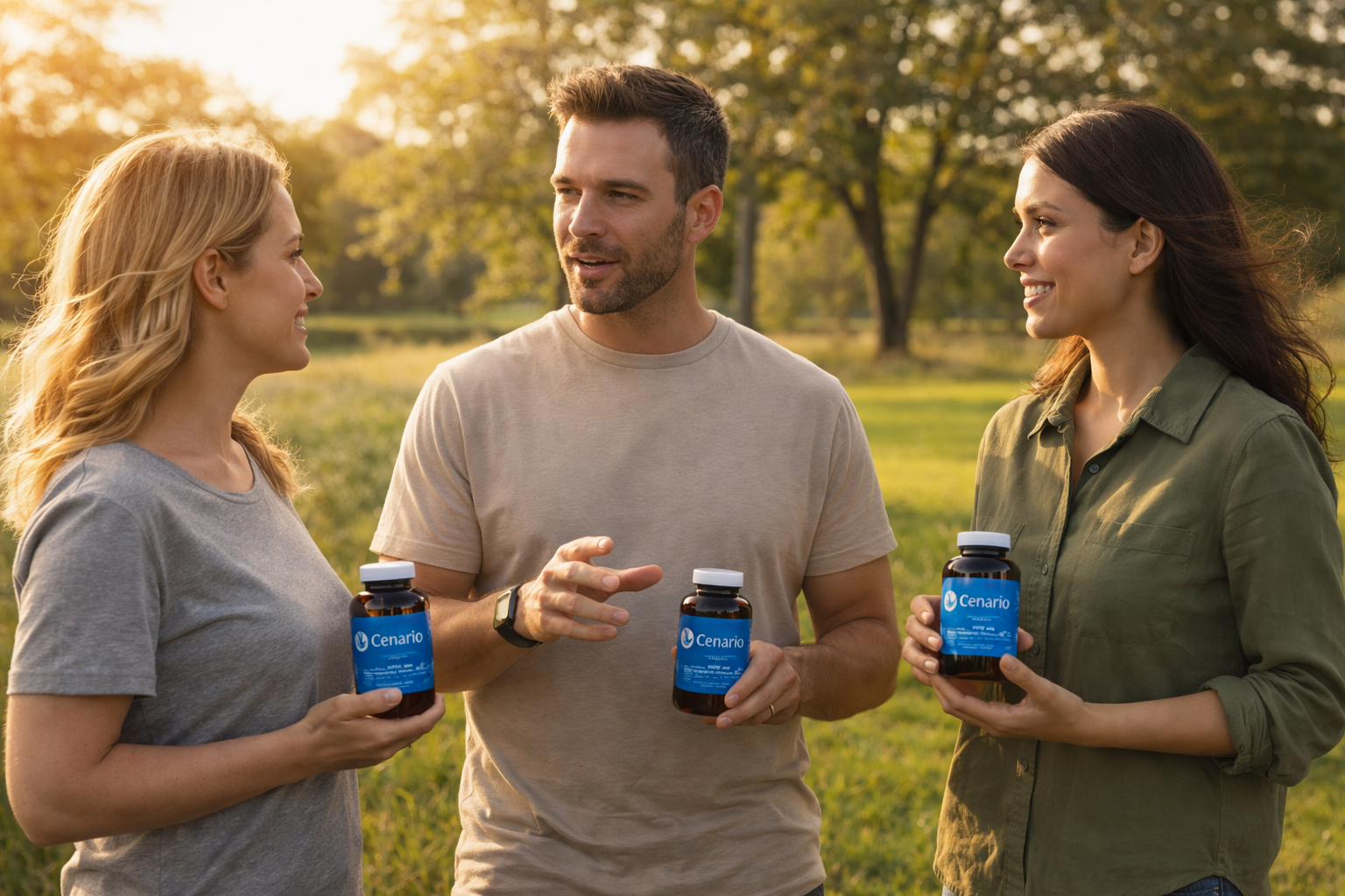 Three people outdoors holding Cenario supplement bottles