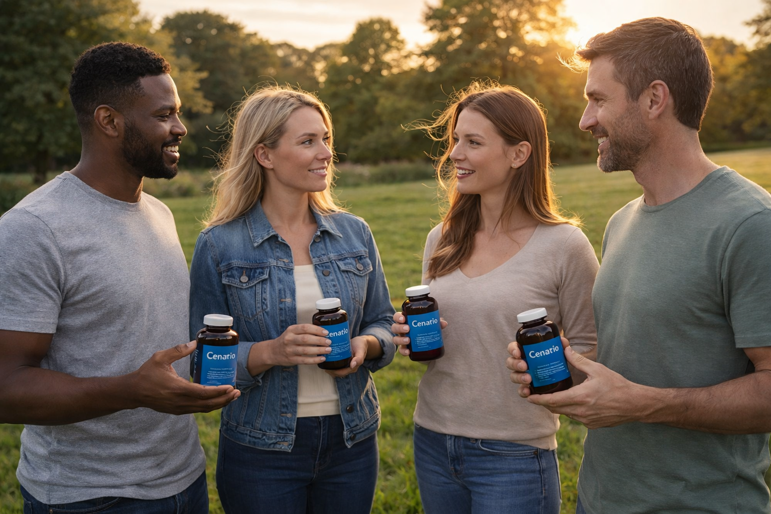 Four people outdoors holding Cenatio supplement bottles
