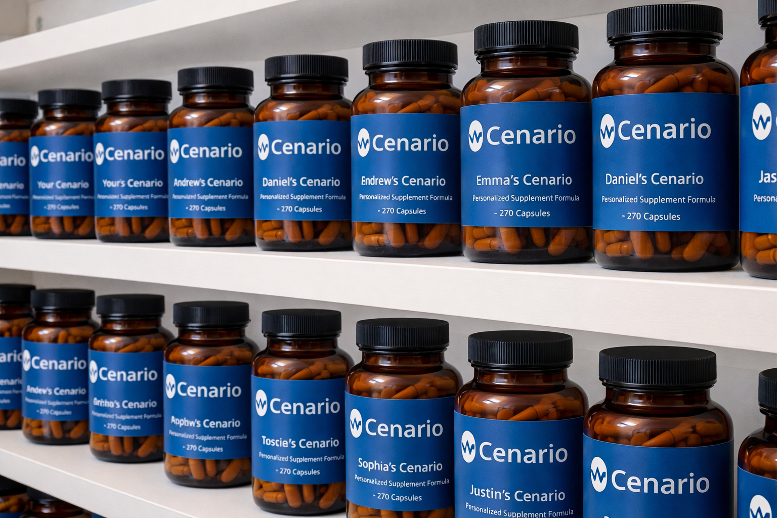 Rows of personalized Cenario supplement bottles with orange capsules