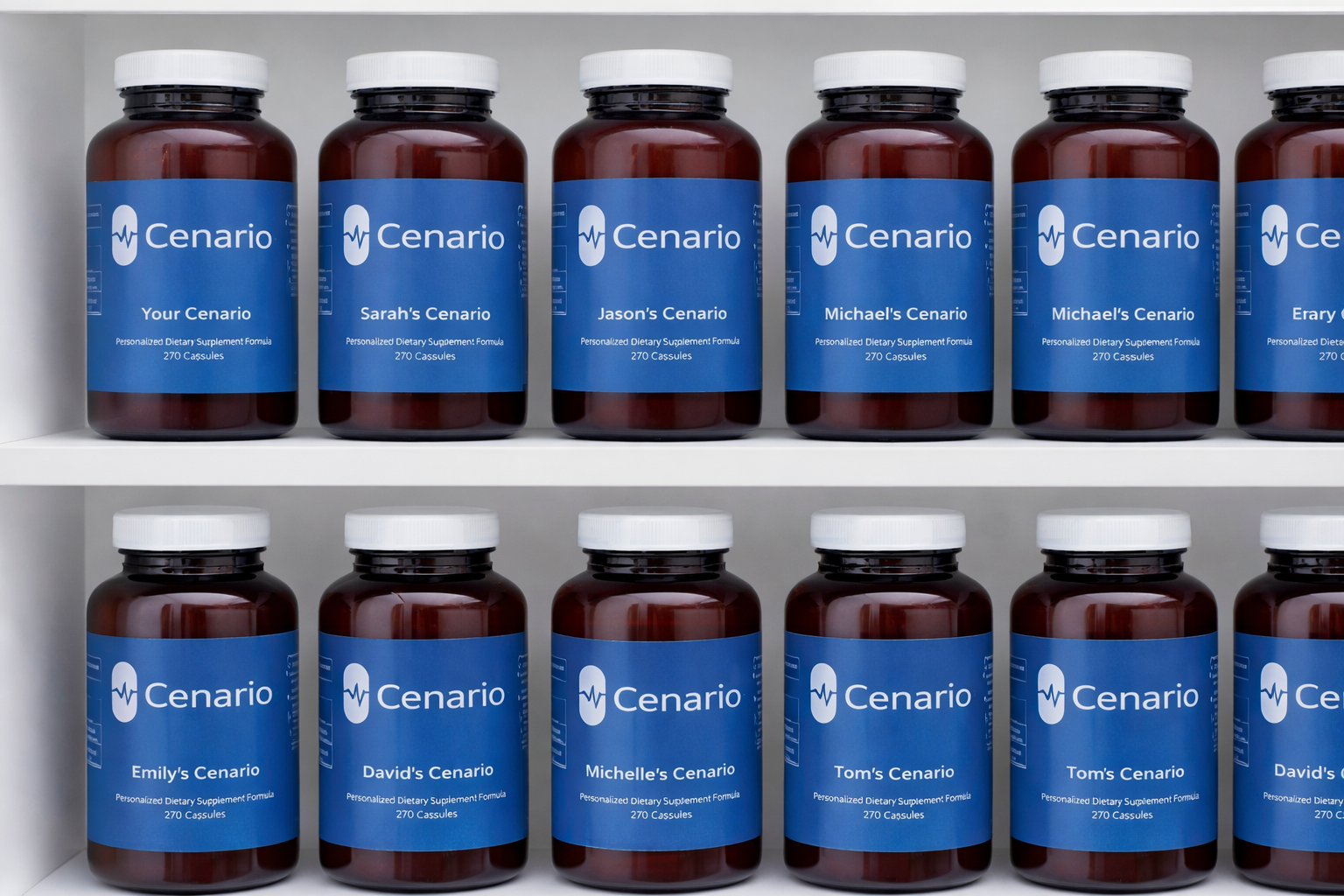 Bottles of personalized Cenario dietary supplements on two shelves