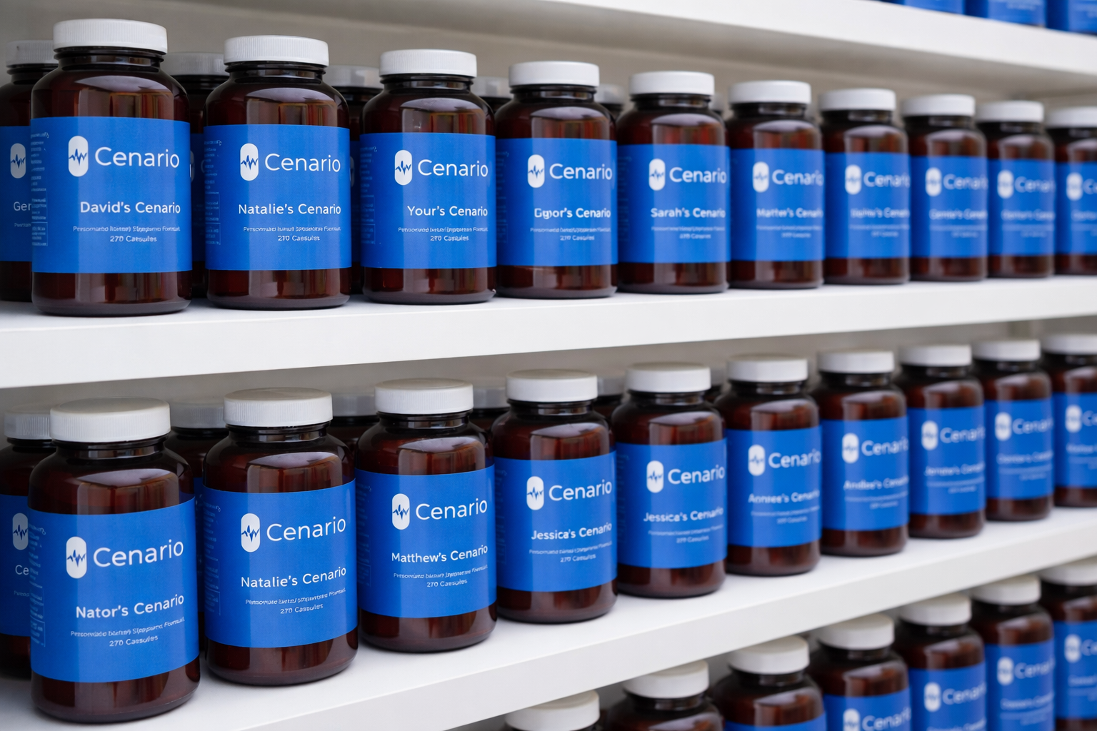 Shelves with personalized Cenario supplement bottles