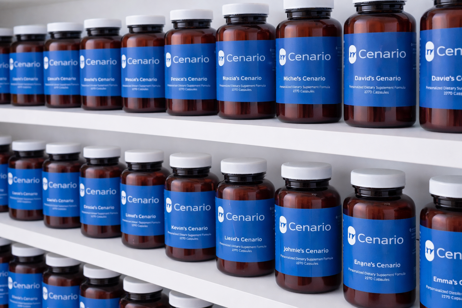 Rows of personalized Cenario supplement bottles on shelves