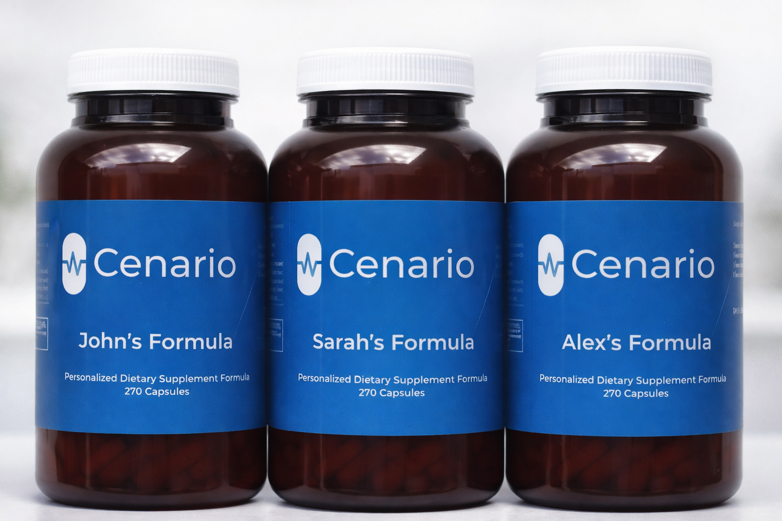 Three personalized dietary supplement bottles with Cenario branding