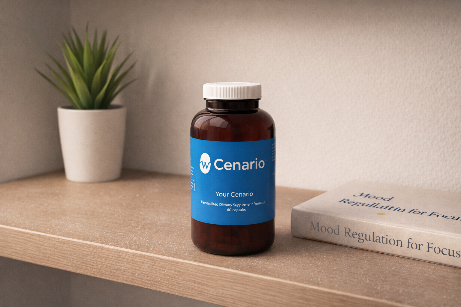 Cenario dietary supplement bottle on wooden shelf with plant and book