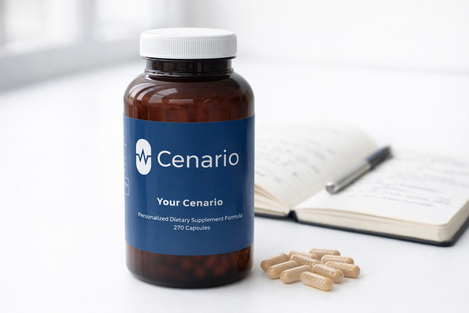Bottle of Cenario dietary supplements with capsules and open notebook