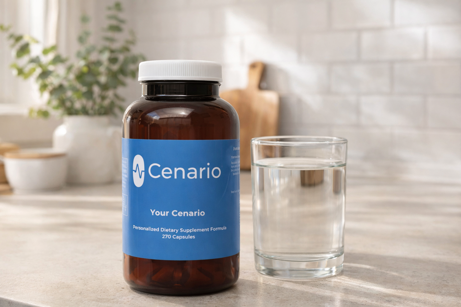 Bottle of Cenario dietary supplement capsules with a glass of water