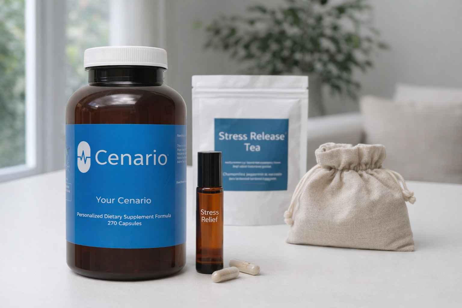 Cenario dietary supplement bottle, stress relief oil, tea, and pouch