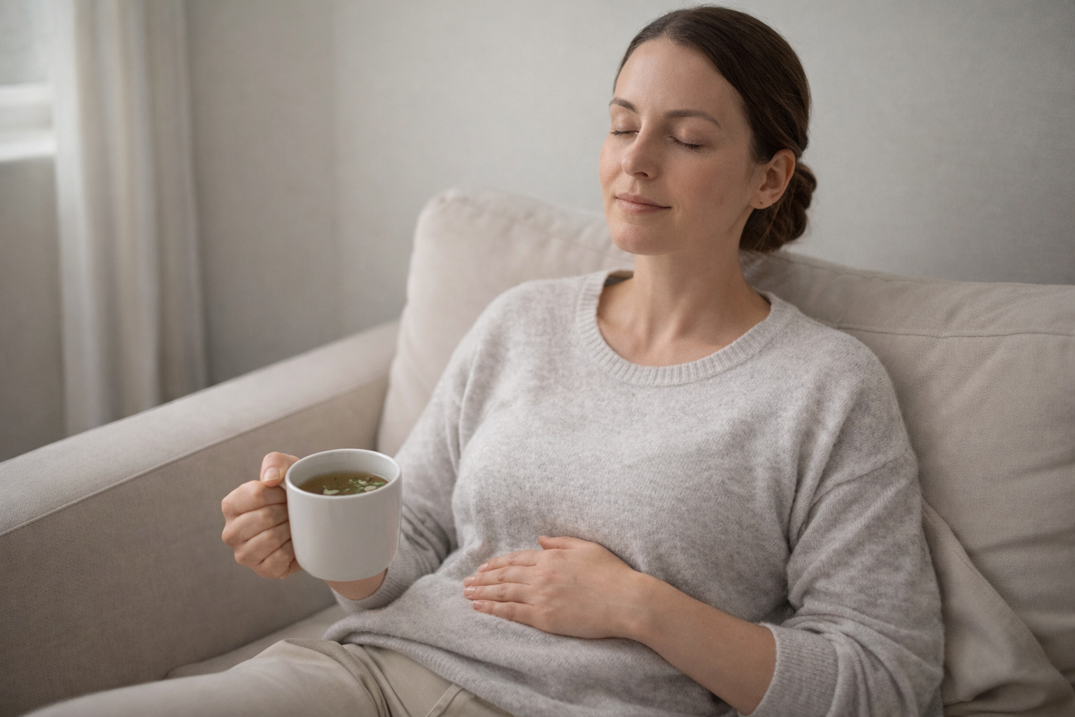 Woman relaxing with closed eyes holding a cup of tea