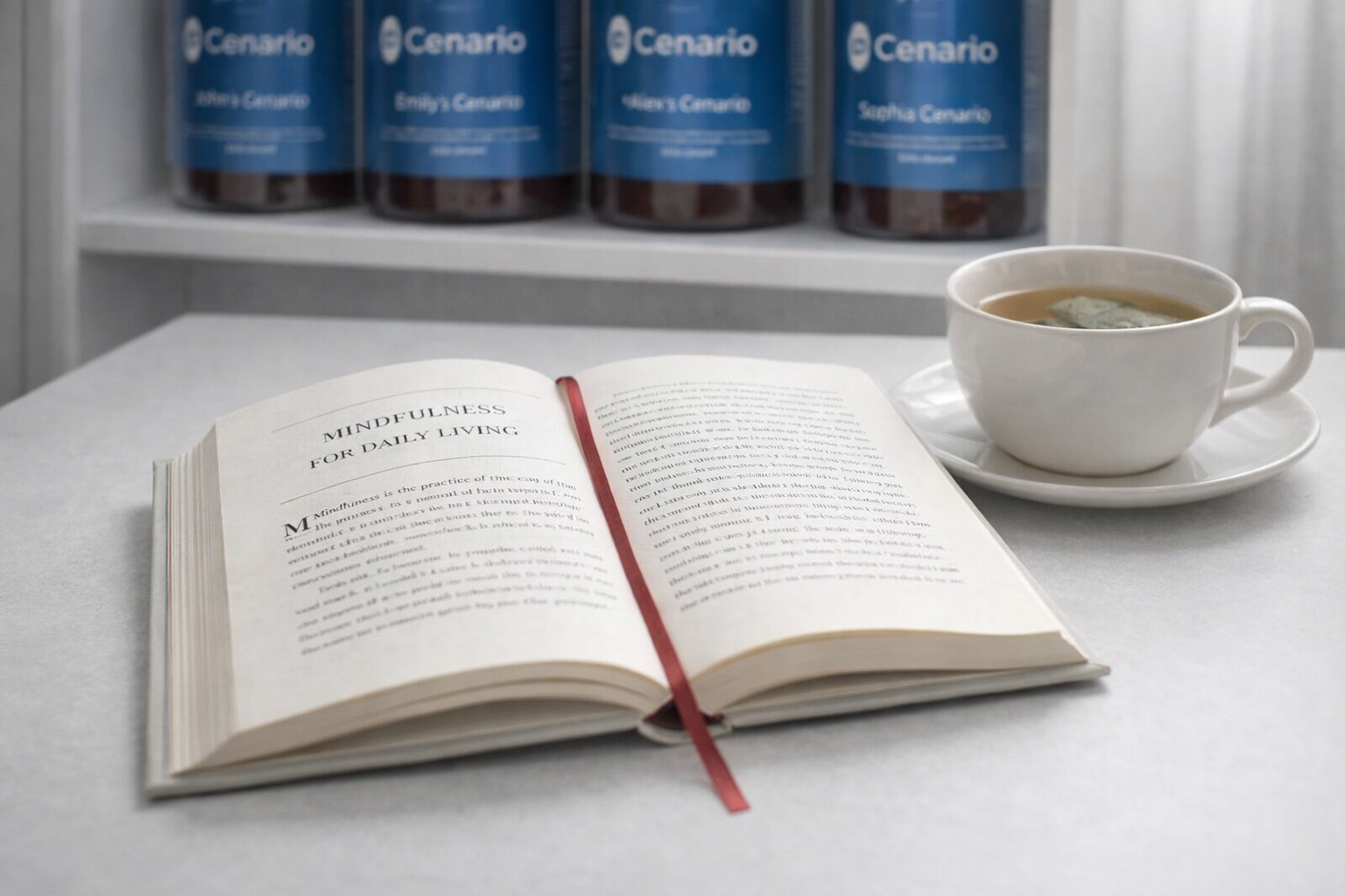 Open book titled Mindfulness for Daily Living with a cup of tea