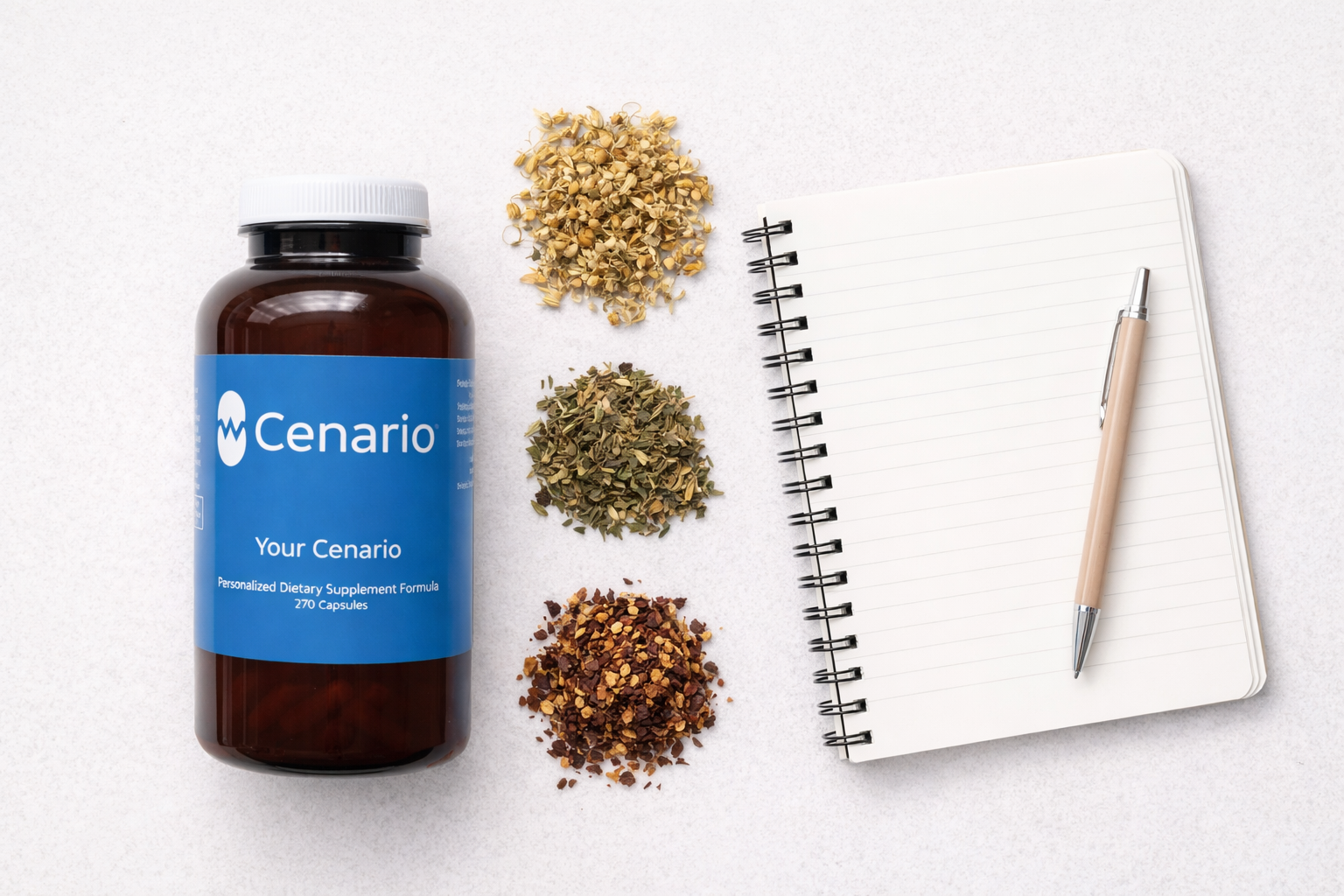Bottle of Cenario supplement with three herb piles and a notebook with pen