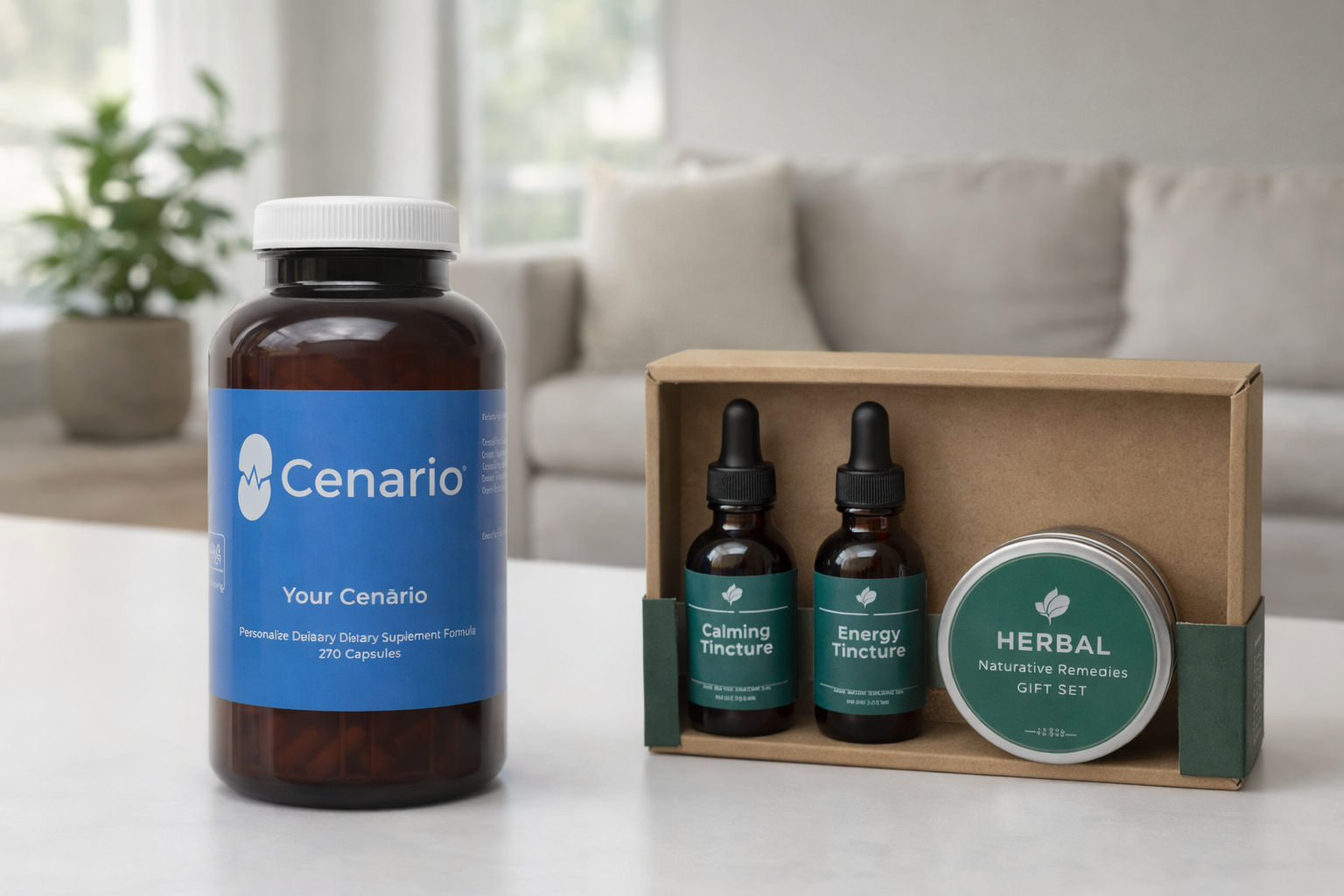 Cenario supplement bottle with calming and energy tinctures gift set