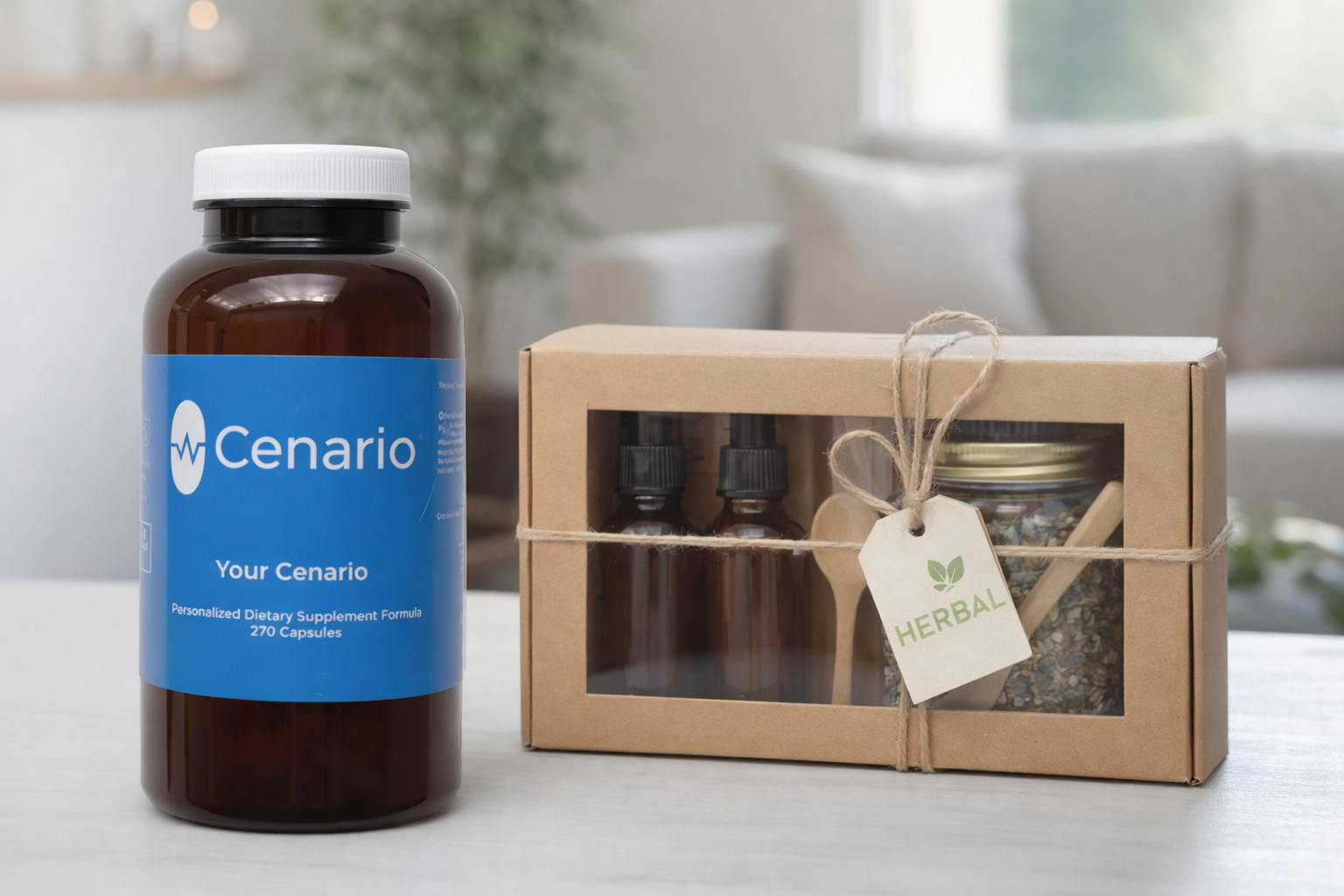 Cenario supplement bottle and herbal gift set with dropper bottles
