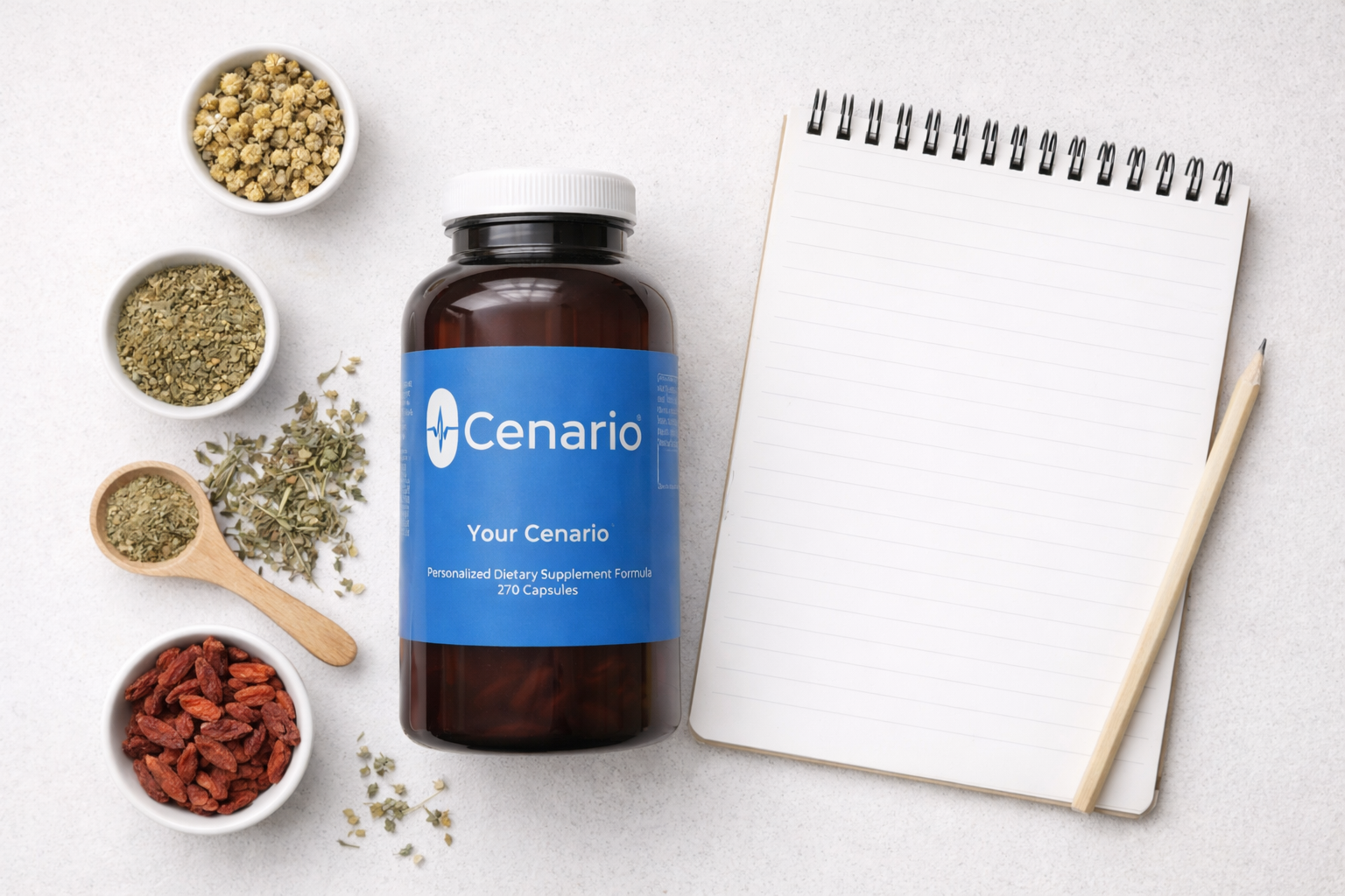 Cenario supplement bottle with dried herbs and blank notepad