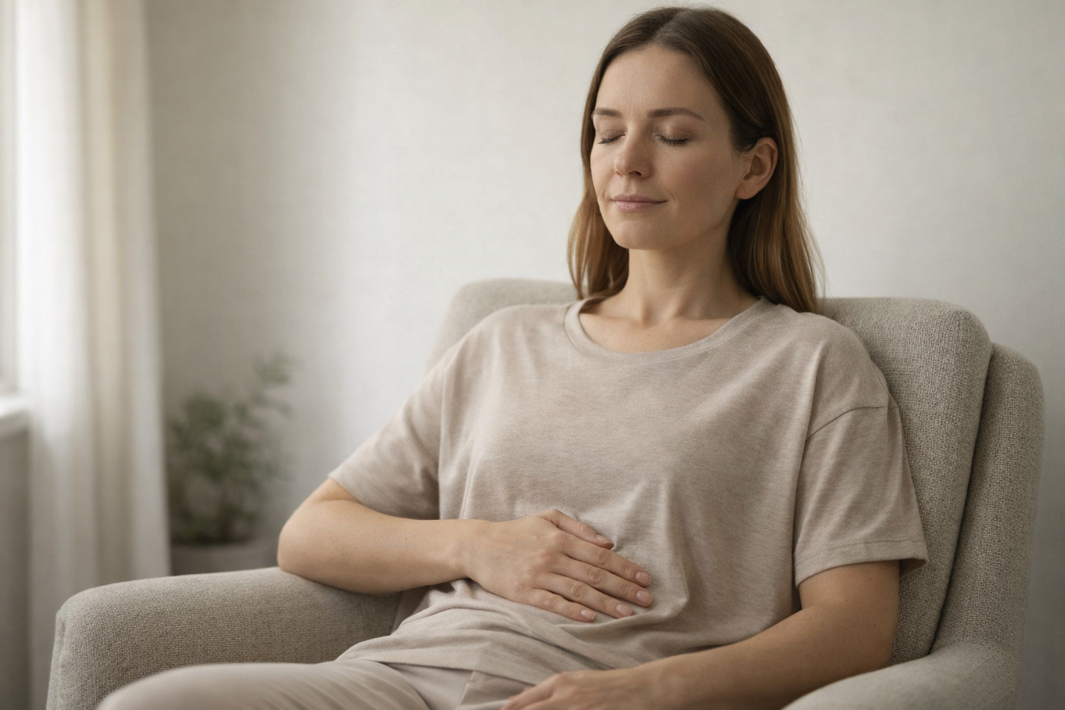 Woman sitting calmly with hand on abdomen and eyes closed