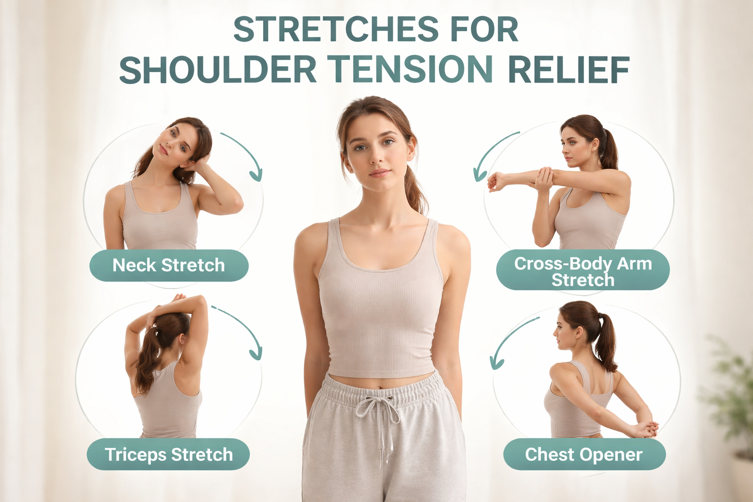Woman demonstrating four shoulder tension relief stretches