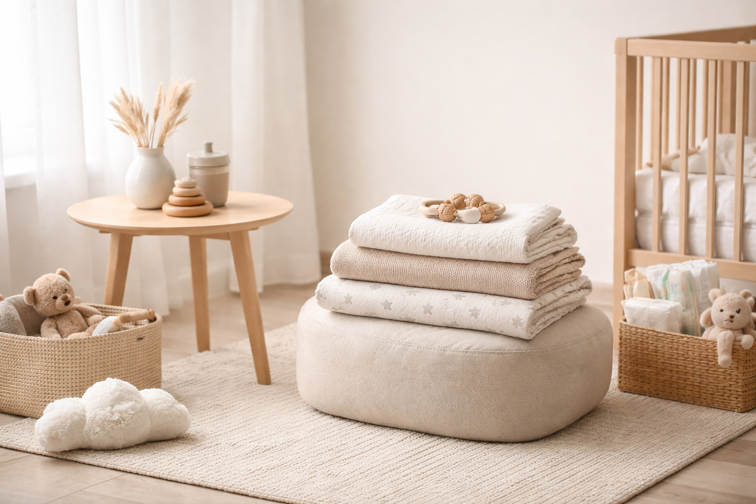 Neutral-toned baby nursery with crib, folded blankets, and toys