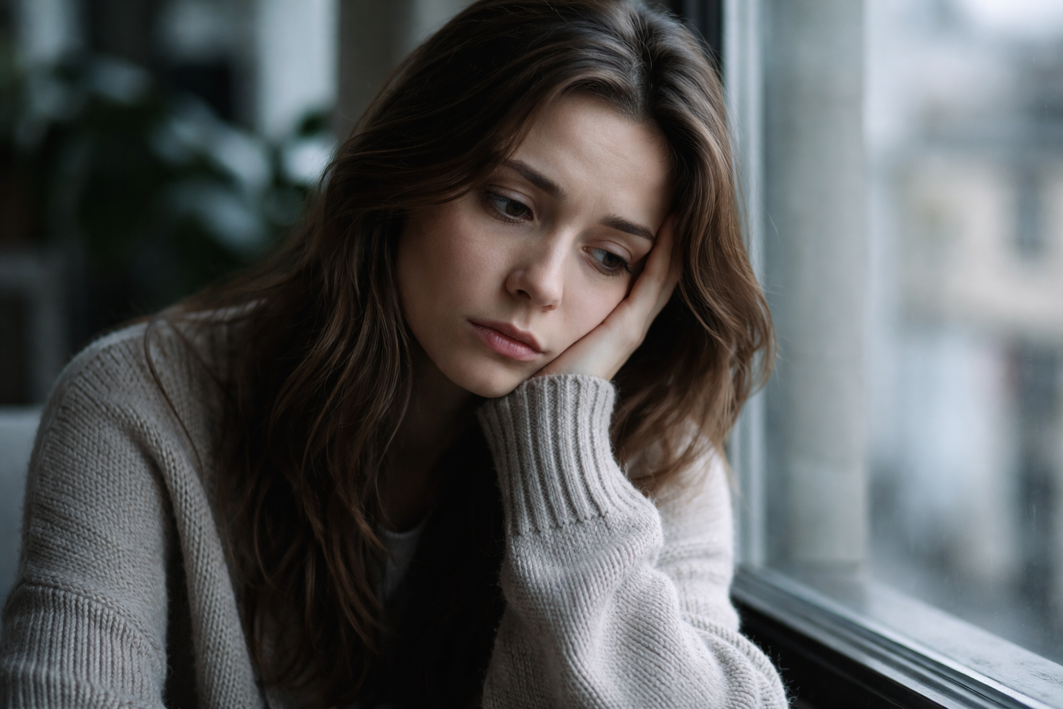Pensive young woman resting head on hand by window
