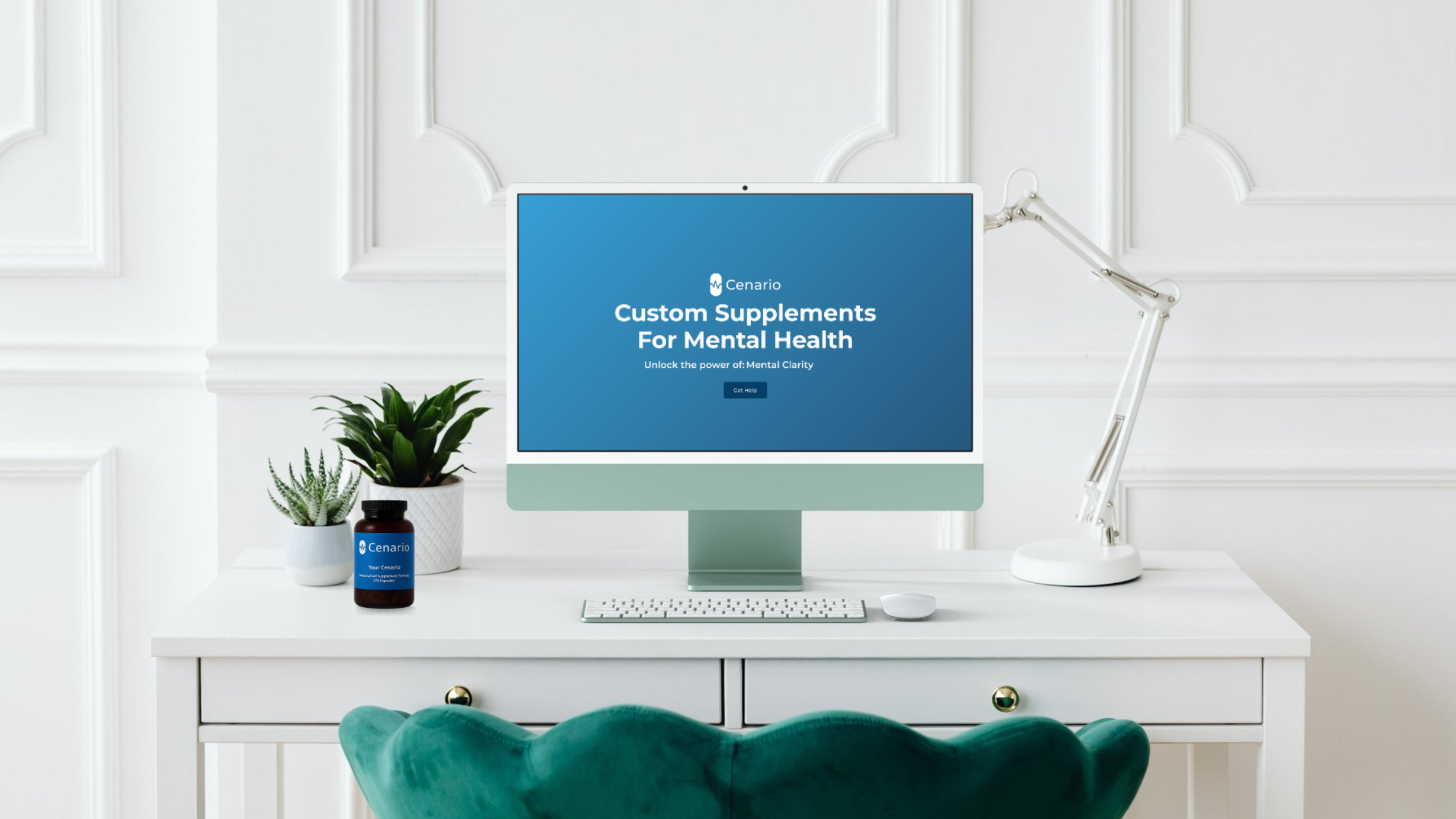 Desk with computer displaying mental health supplement website and product bottle