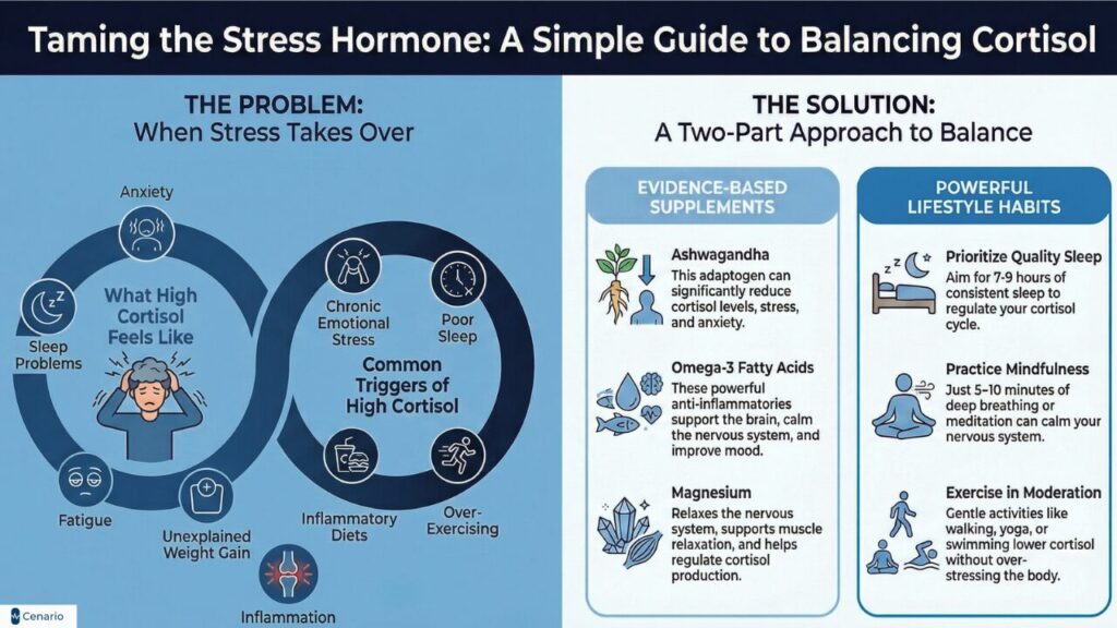 A flat lay of various cortisol supplement bottles arranged on a blue background. Text reads "Best Cortisol Supplements for Stress Relief and Balance" at the top.