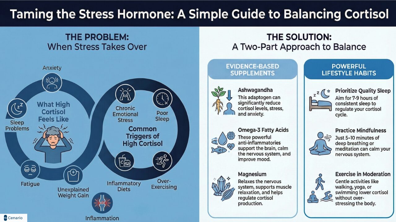 A flat lay of various cortisol supplement bottles arranged on a blue background. Text reads "Best Cortisol Supplements for Stress Relief and Balance" at the top.