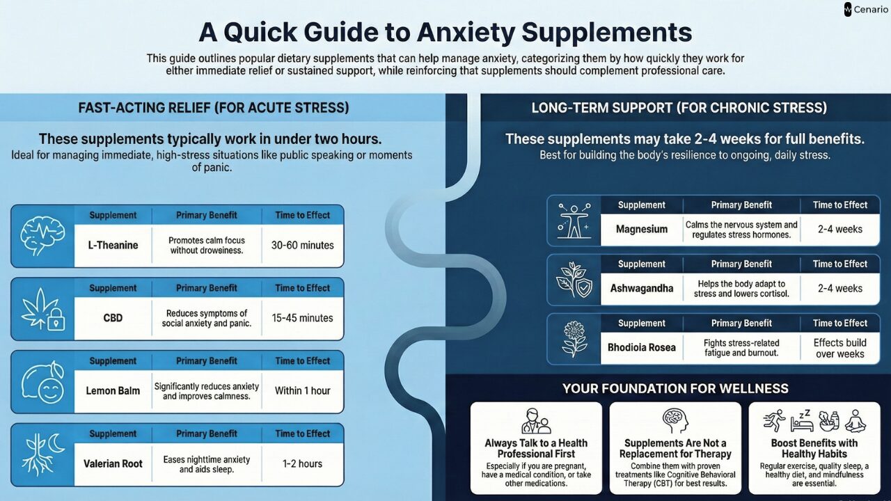A selection of supplement bottles, labeled as helpful for anxiety relief, arranged on a wooden table. Text overlay reads "Best Supplements for Anxiety That Actually Work Fast" against a soft background.
