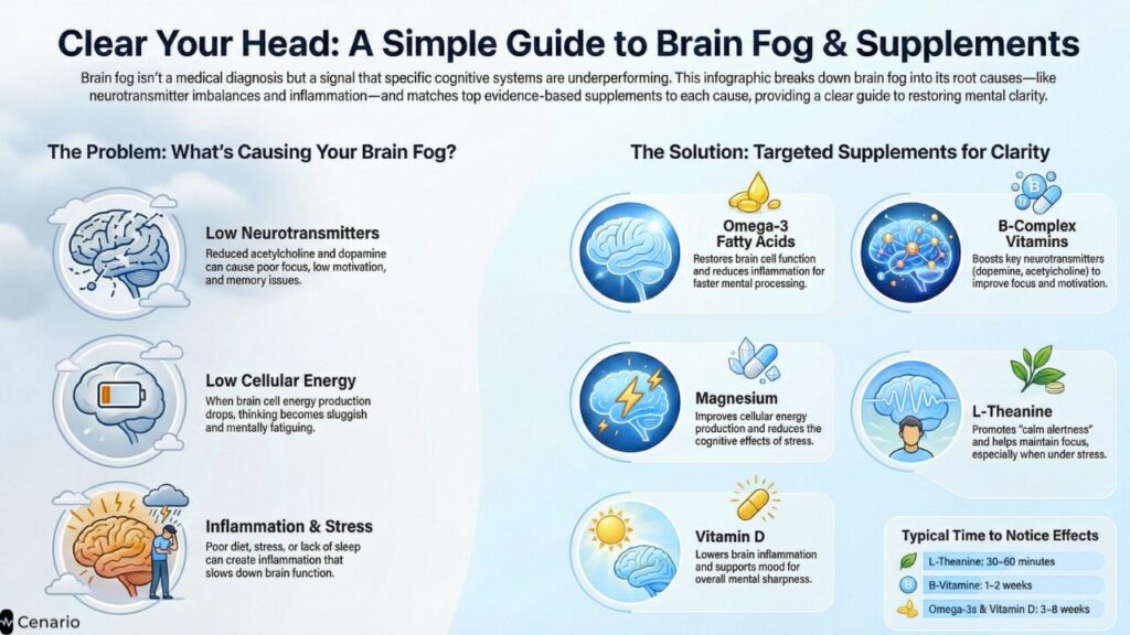 Bottles of supplements for brain fog, including omega-3, ginkgo biloba, and B vitamins, arranged on a table with a notepad and pen nearby.