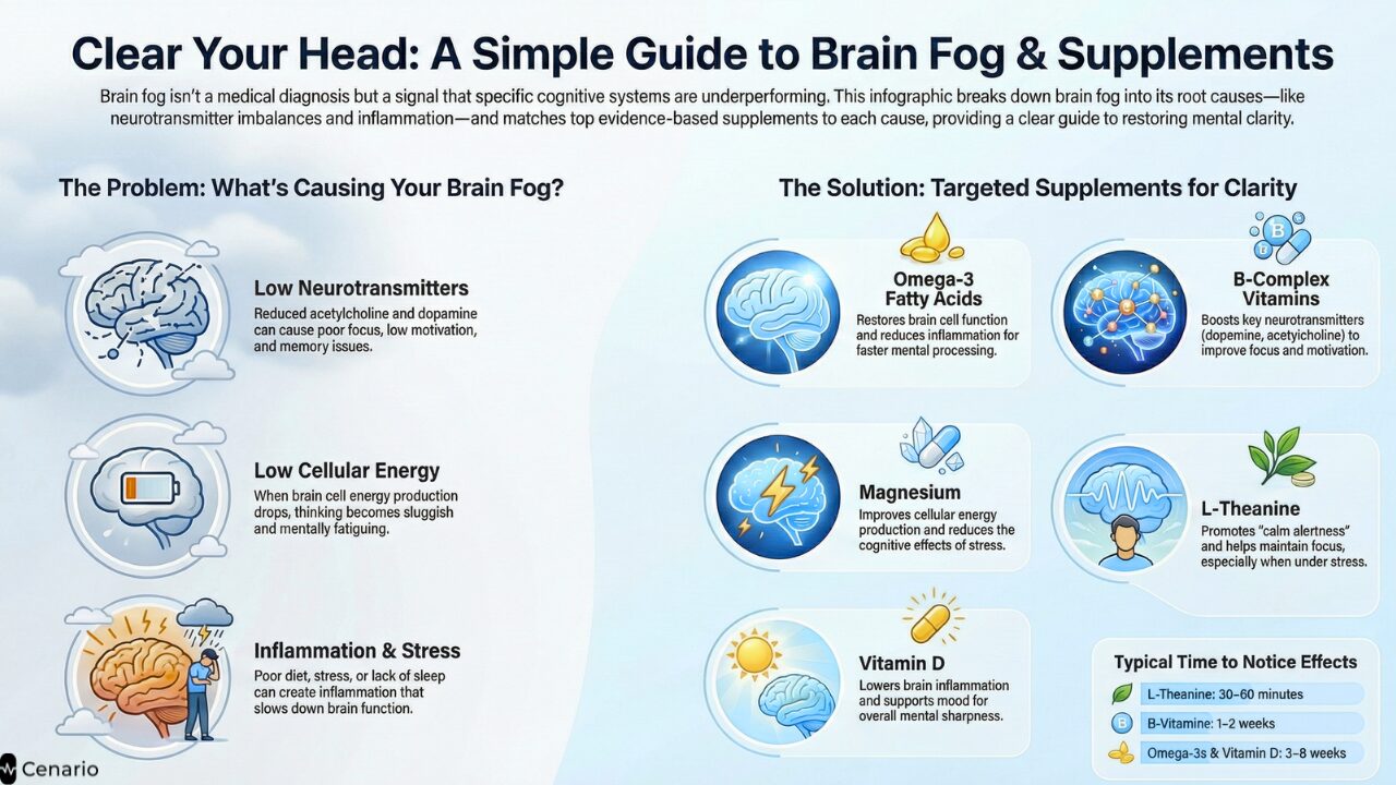 Bottles of supplements for brain fog, including omega-3, ginkgo biloba, and B vitamins, arranged on a table with a notepad and pen nearby.