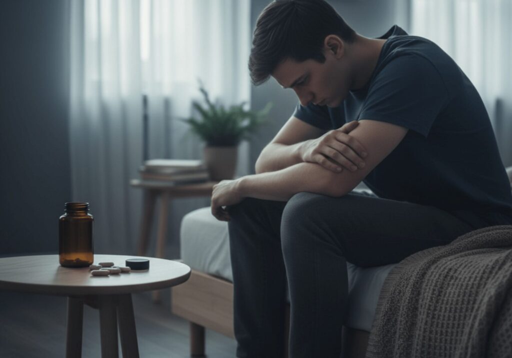 Illustration of supplement bottles, capsules, and a leafy plant, with text: "Best Supplements for Depression – Safe & Natural Options." The background is light blue, suggesting a calm and wellness-focused theme.