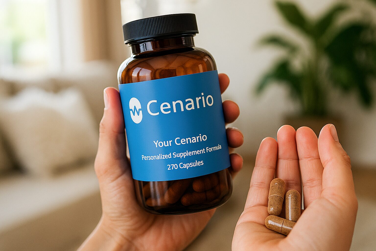 Six brown glass supplement bottles with white labels and black caps are neatly arranged in two rows. Each label features distinct colored accents, highlighting different health formulations.