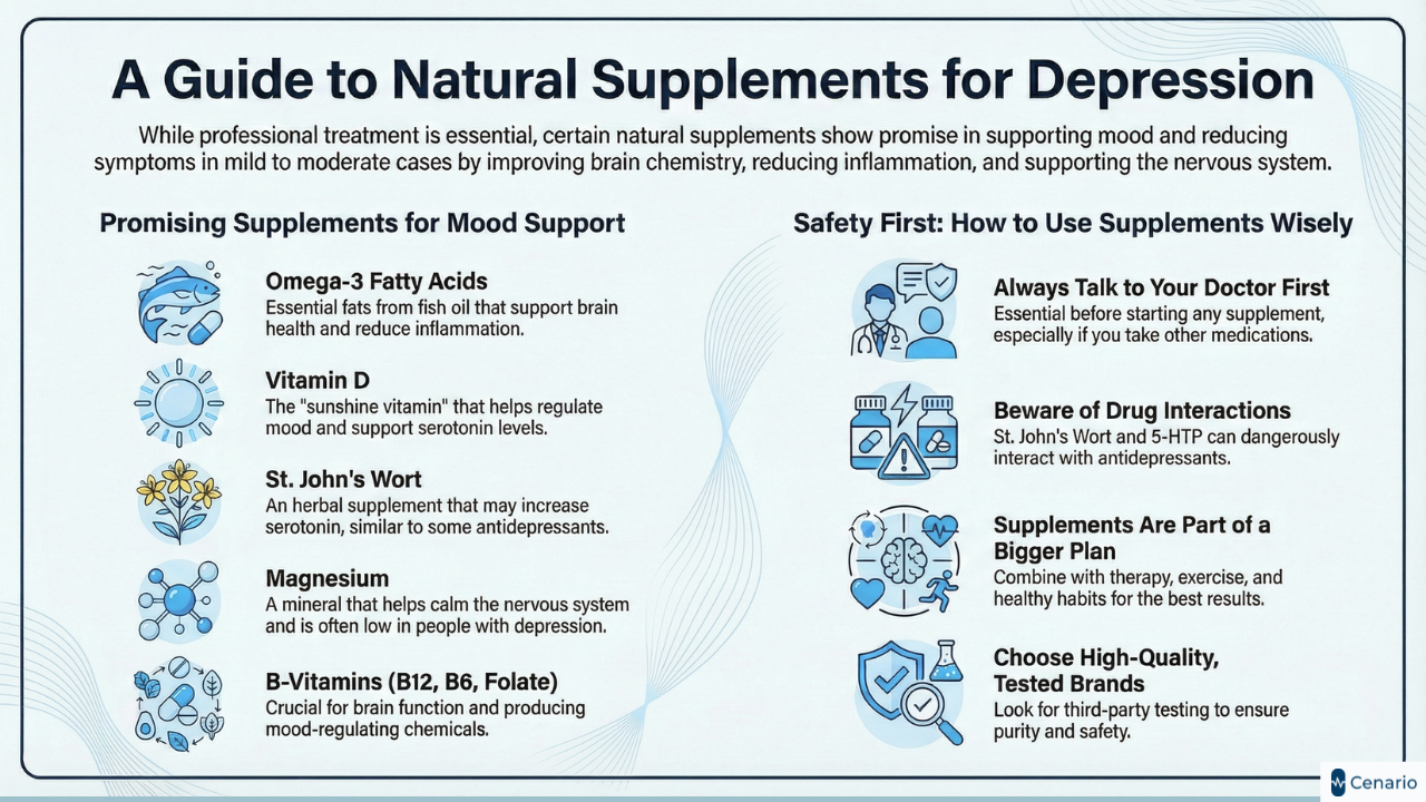 Infographic listing natural supplements for depression and safety tips