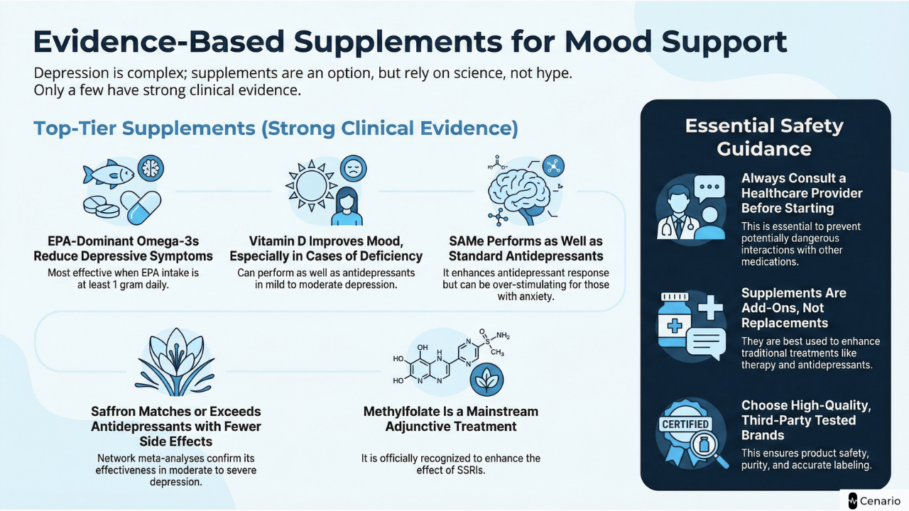 Chart listing evidence-based supplements and safety guidance for mood support