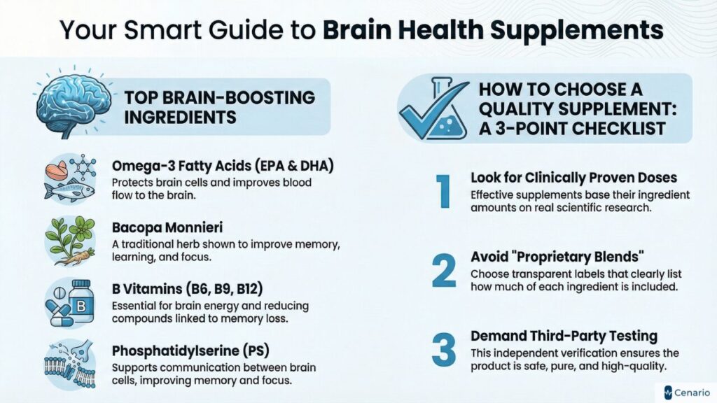 Infographic illustrating brain health supplement trends for memory, focus, and longevity. Features graphics of a brain, supplement capsules, and growth charts highlighting market data.