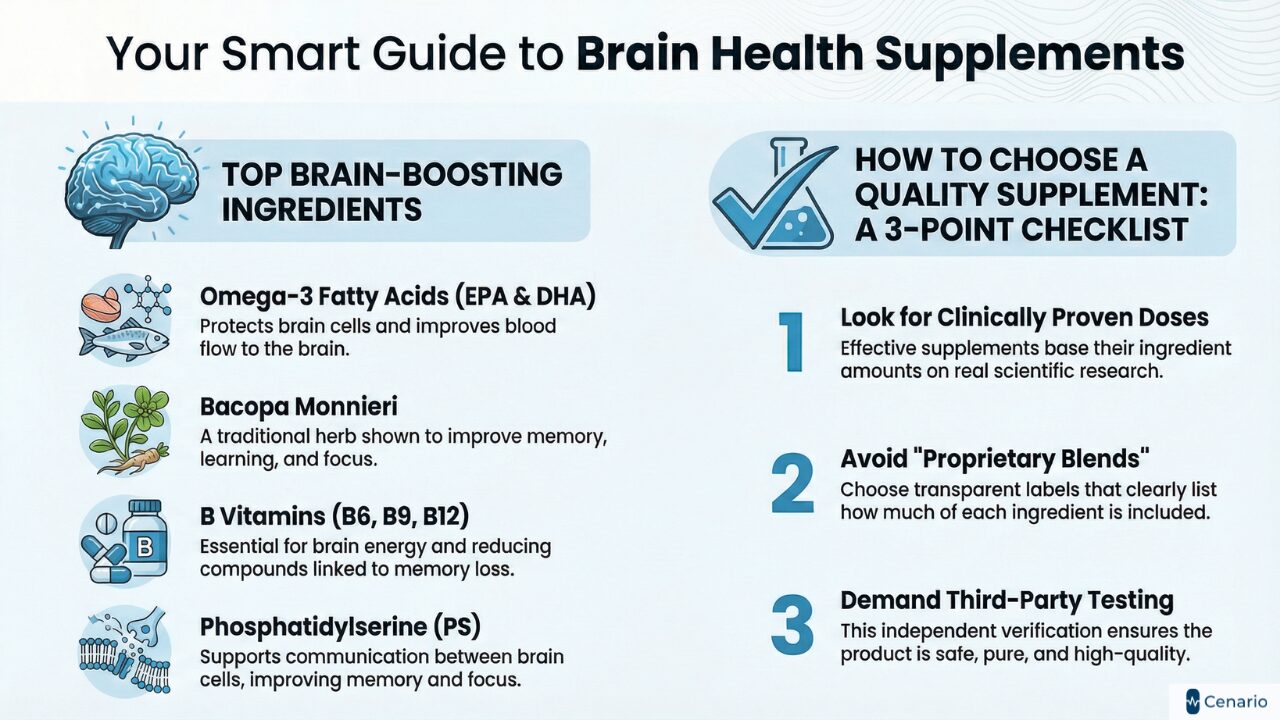 Infographic illustrating brain health supplement trends for memory, focus, and longevity. Features graphics of a brain, supplement capsules, and growth charts highlighting market data.