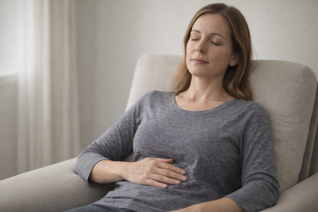 A calming scene with herbal teas, lavender flowers, and meditation stones, representing natural remedies for anxiety and stress relief.