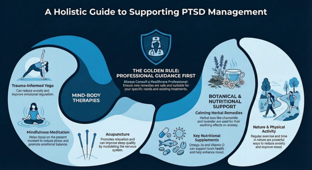 Herbal teas, meditation, yoga, and aromatherapy items arranged on a table, illustrating natural remedies for post traumatic stress disorder management.
