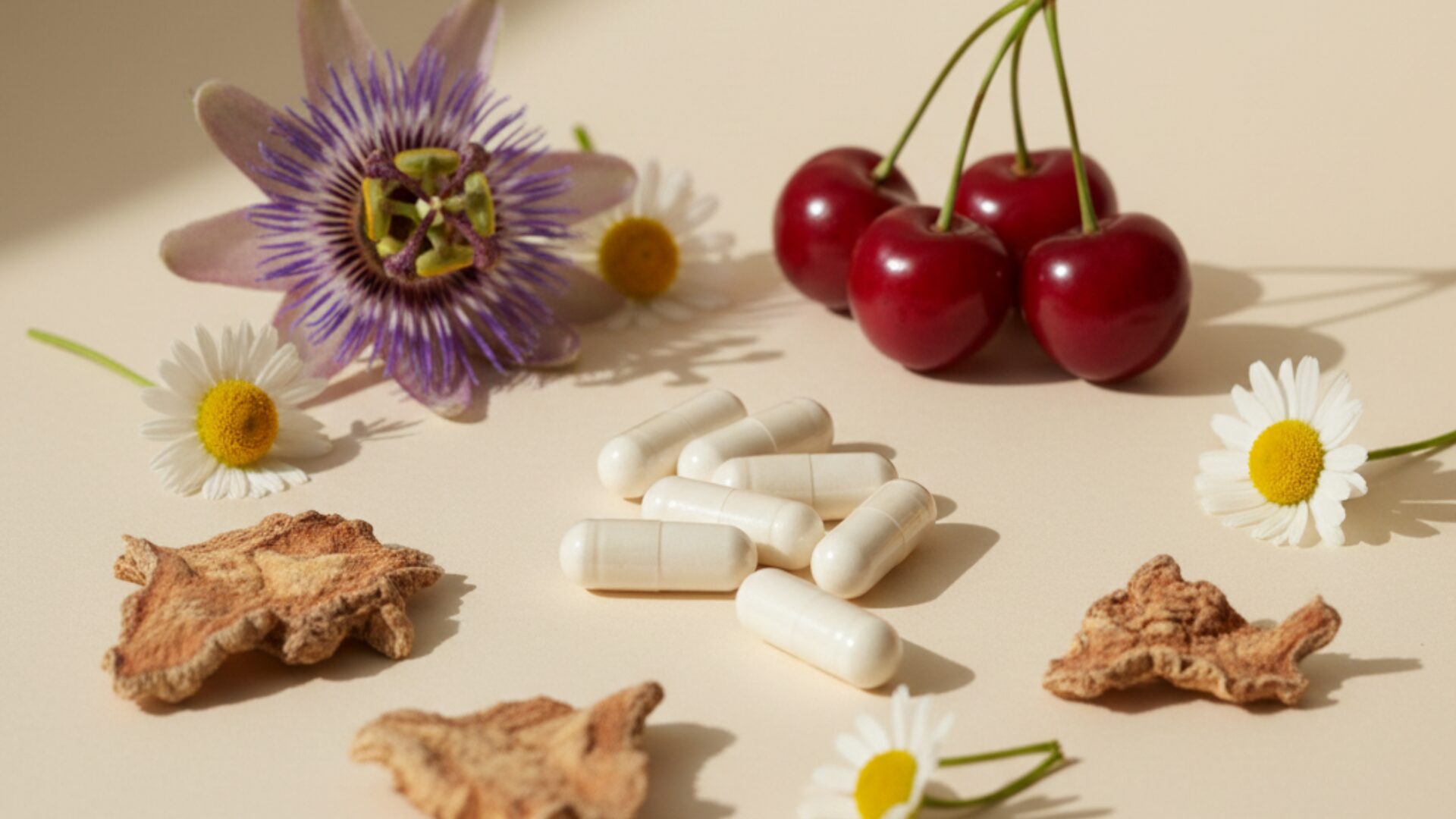 A bottle of valerian root capsules labeled as the strongest natural sleep aid, placed beside a pillow and lavender flowers on a bedside table.