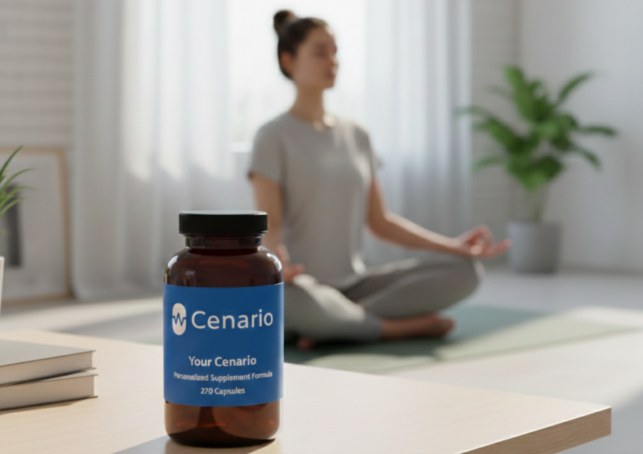 Bottle of Cenario personalized supplements with woman meditating